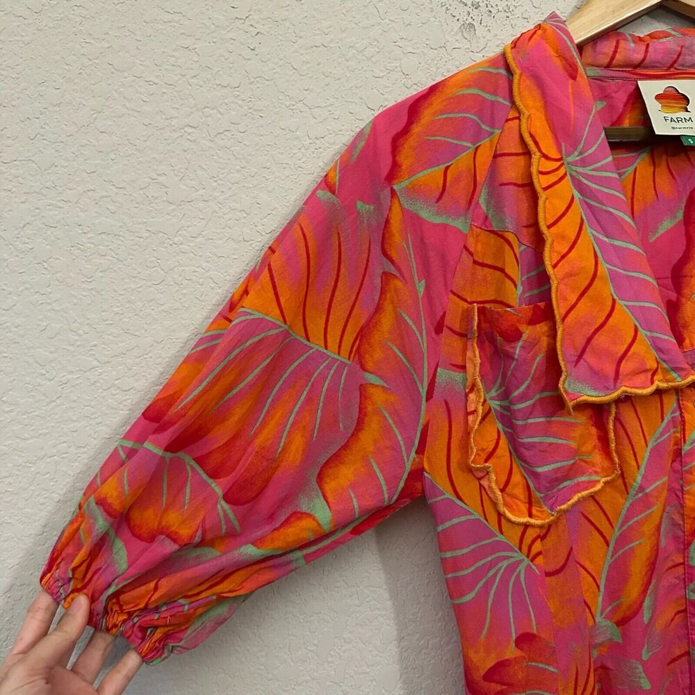 ANTHROPOLOGIE FARM RIO Bright Forest Midi Dress Pink Orange Puff Sleeve - Picture 5 of 16